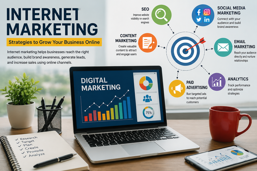 Internet marketing strategies including SEO, social media, content, email marketing, and paid advertising
