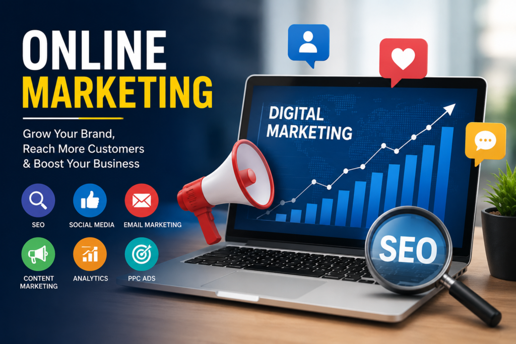 Online marketing SEO digital marketing strategy with laptop and analytics